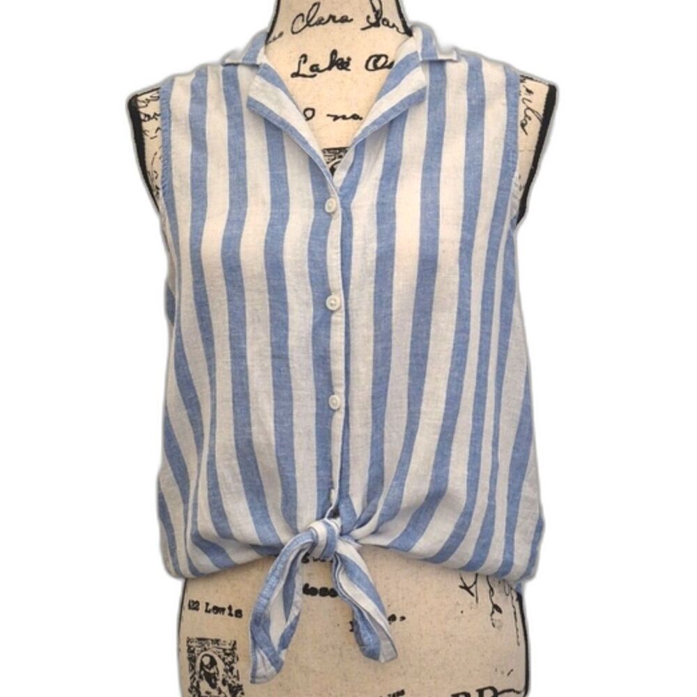 Beach Lunch Lounge Top S Linen Blend Button Down Sleeveless Striped Tie Waist